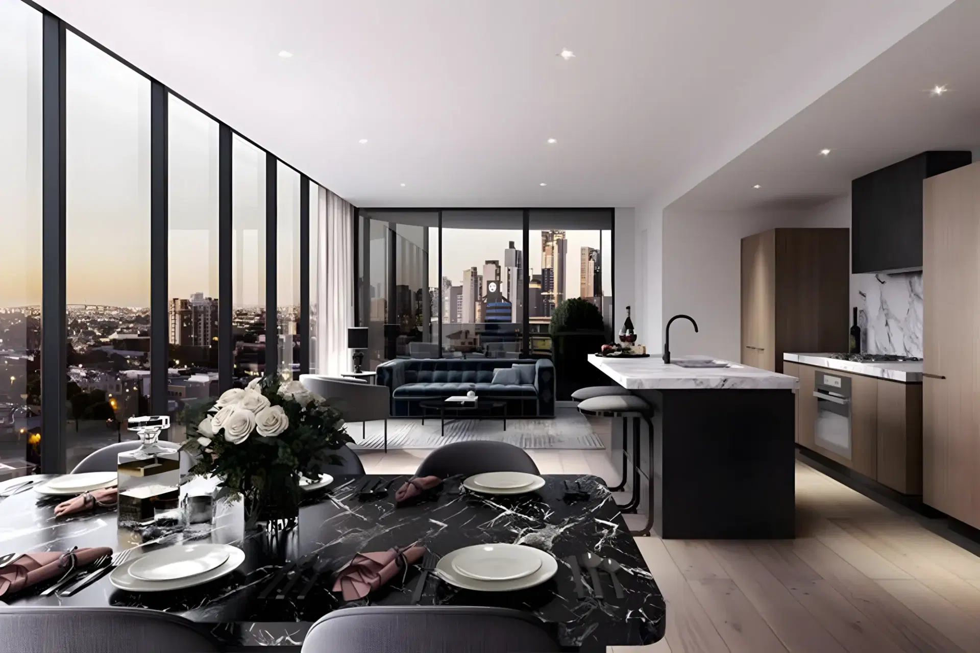Dusk view from a South Melbourne apartment across the city skyline, with the kitchen and living area in the foreground